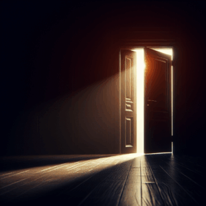 A mysterious and dimly lit room with a slightly ajar door, allowing a sliver of light to enter, symbolizing the concept of the 'door ajar' sexual practice. The ambiance should be intimate and a bit edgy, reflecting both the allure and the mystery.