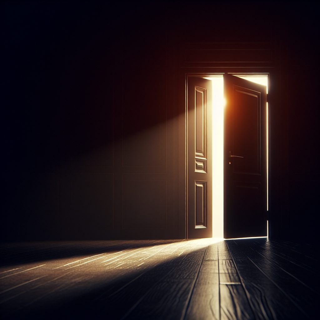 A mysterious and dimly lit room with a slightly ajar door, allowing a sliver of light to enter, symbolizing the concept of the 'door ajar' sexual practice. The ambiance should be intimate and a bit edgy, reflecting both the allure and the mystery.