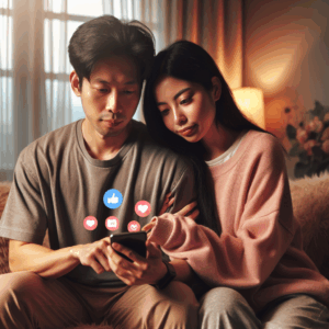A couple using a smartphone together, sitting close on a cozy sofa, exploring apps for relationship enhancement. The atmosphere is warm and intimate, with soft lighting and comforting tones. The screen displays icons of popular relationship apps.