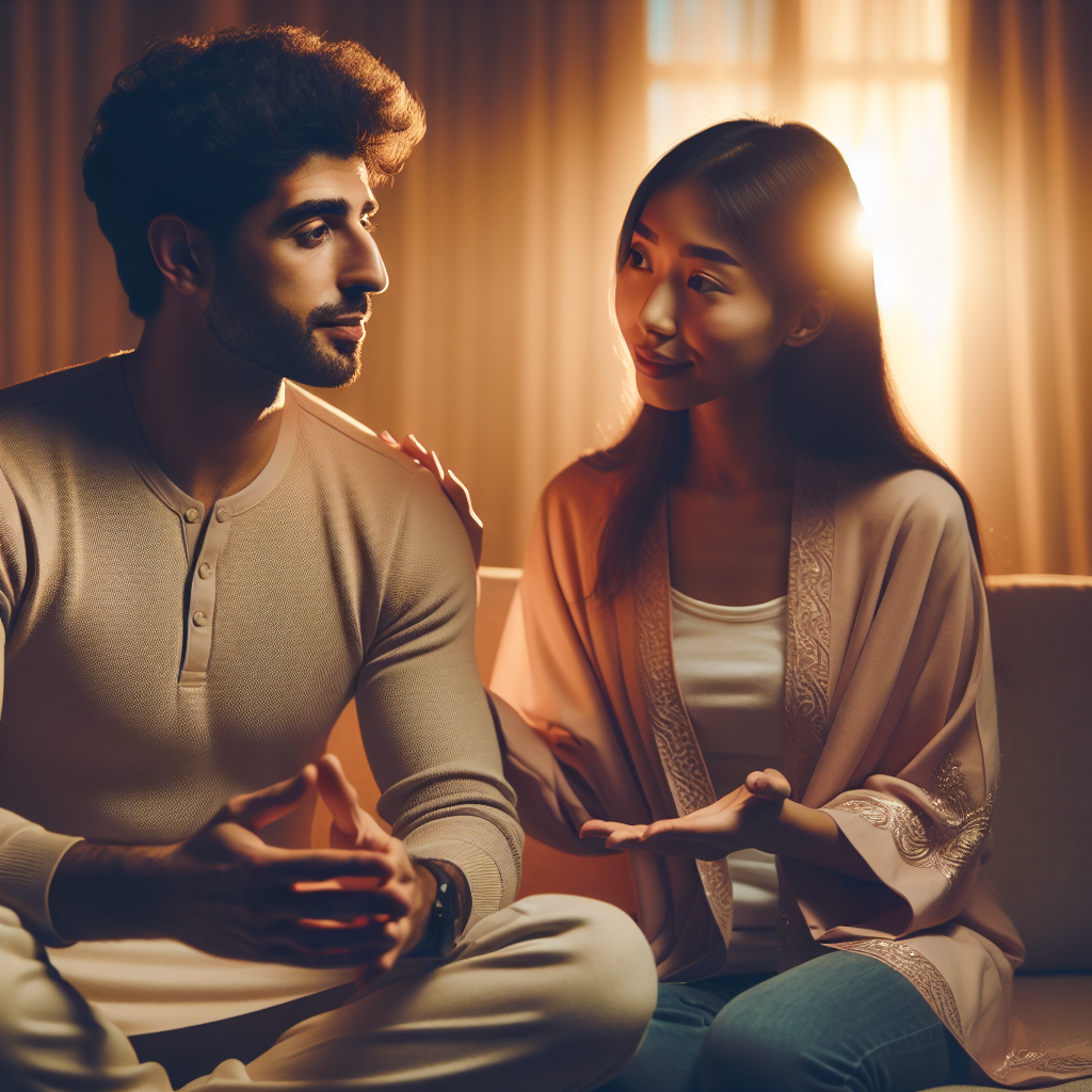 A calm and serene couple sitting together, engaging in a warm conversation, in a cozy living room setting with soft lighting, expressing understanding and trust with body language.