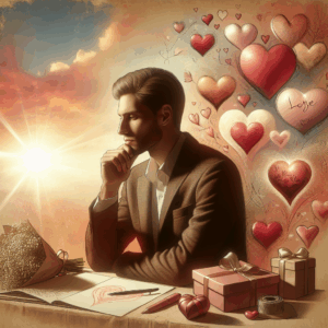 A romantic scene showing a thoughtful man thinking about his partner throughout the day, with symbolic elements like hearts, messages, and gifts surrounding him. Soft, warm colors to convey affection.