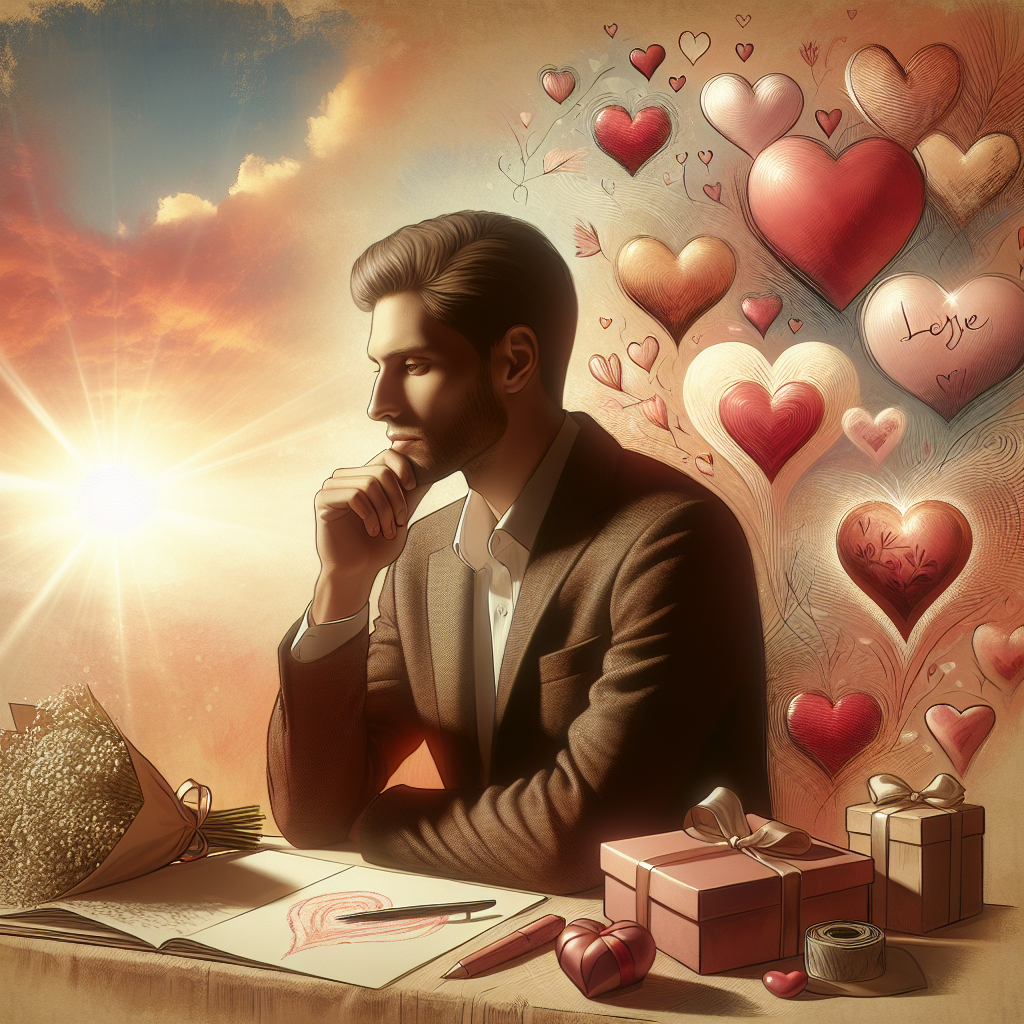 A romantic scene showing a thoughtful man thinking about his partner throughout the day, with symbolic elements like hearts, messages, and gifts surrounding him. Soft, warm colors to convey affection.