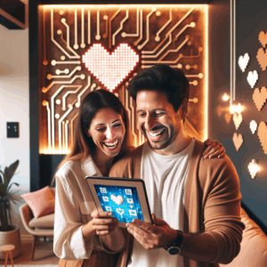 Un couple heureux utilisant une application de développement personnel sur une tablette, dans un cadre moderne et chaleureux, avec des éléments symbolisant la technologie et l'amour.