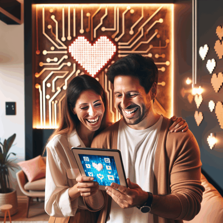 Un couple heureux utilisant une application de développement personnel sur une tablette, dans un cadre moderne et chaleureux, avec des éléments symbolisant la technologie et l'amour.