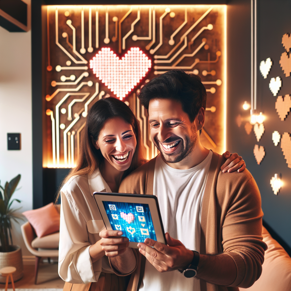Un couple heureux utilisant une application de développement personnel sur une tablette, dans un cadre moderne et chaleureux, avec des éléments symbolisant la technologie et l'amour.