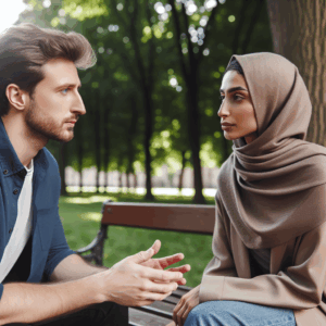 Un couple discutant calmement dans un parc, la femme écoute attentivement pendant que l'homme exprime ses insécurités. Un environnement apaisant avec des arbres et un banc, montrant une communication ouverte.
