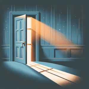 An artistic illustration of a slightly open door in a dimly lit, mysterious room. The atmosphere should evoke intrigue and excitement, with shadows casting on the walls, hinting at a story behind the door. The color palette should include soft hues of blues and grays, with a subtle warm glow emanating from the door gap.
