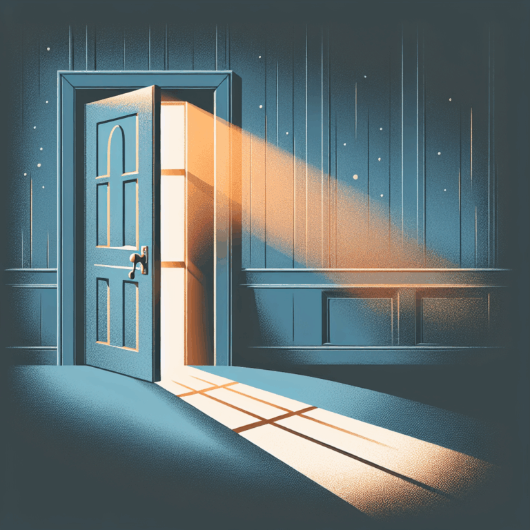An artistic illustration of a slightly open door in a dimly lit, mysterious room. The atmosphere should evoke intrigue and excitement, with shadows casting on the walls, hinting at a story behind the door. The color palette should include soft hues of blues and grays, with a subtle warm glow emanating from the door gap.
