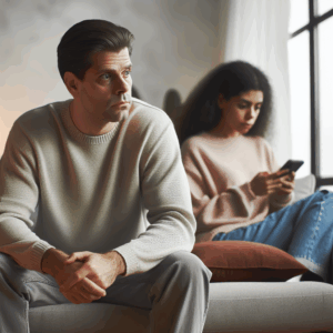 Une image d'un couple assis sur un canapé. L'un semble préoccupé en regardant par la fenêtre tandis que l'autre regarde son téléphone, illustrant la déconnexion émotionnelle causée par le TOC du couple, dans un salon moderne avec des couleurs douces.