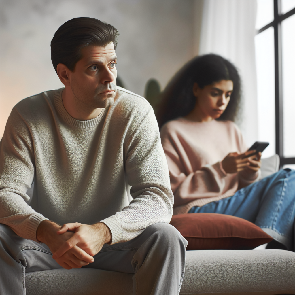 Une image d'un couple assis sur un canapé. L'un semble préoccupé en regardant par la fenêtre tandis que l'autre regarde son téléphone, illustrant la déconnexion émotionnelle causée par le TOC du couple, dans un salon moderne avec des couleurs douces.