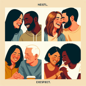 A thoughtful illustration showing diverse couples enjoying intimate and joyful moments without penetration, highlighting connection, communication, and shared pleasure.