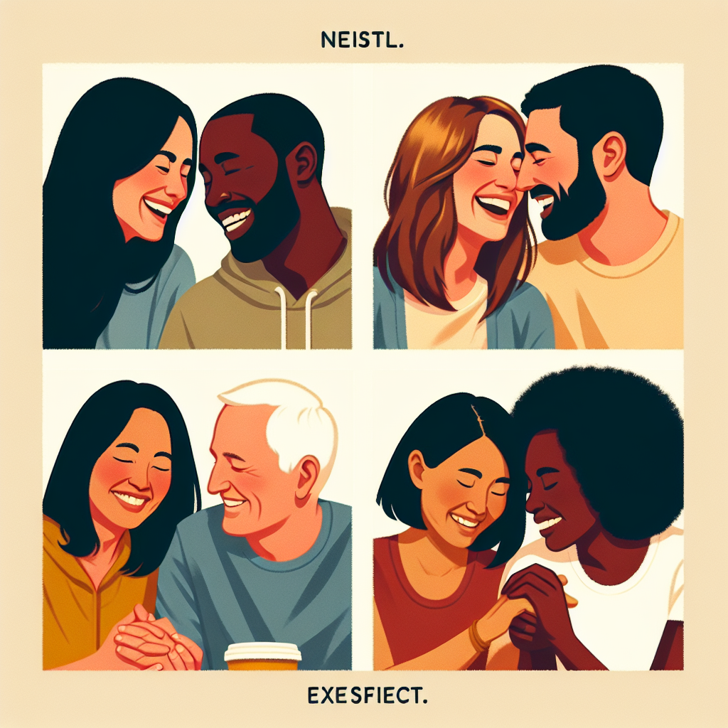 A thoughtful illustration showing diverse couples enjoying intimate and joyful moments without penetration, highlighting connection, communication, and shared pleasure.