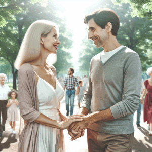 An illustrative image of a couple with a noticeable age gap, holding hands and smiling while walking in a serene park, with diverse age groups around, symbolizing acceptance and harmony.