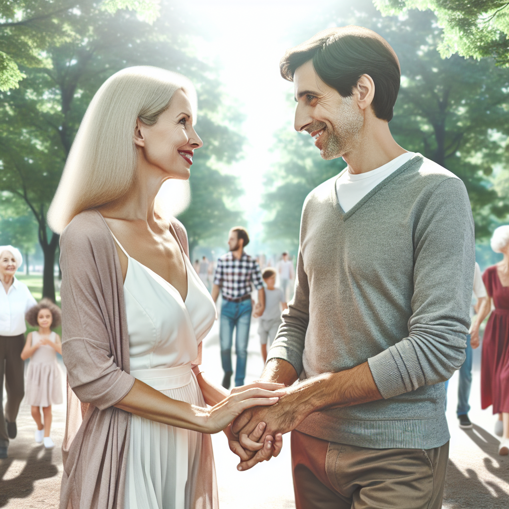 An illustrative image of a couple with a noticeable age gap, holding hands and smiling while walking in a serene park, with diverse age groups around, symbolizing acceptance and harmony.