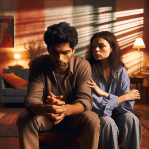 A couple sitting in a living room, with one partner looking anxious and the other appearing concerned. The room is cozy, with warm colors and soft lighting, symbolizing intimacy and relationship dynamics, but the partners are separated by an invisible barrier indicating emotional distance.