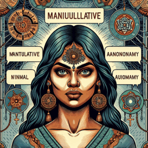 Illustration d'un personnage féminin fort face à des phrases manipulatrices entourées de symboles représentant la force mentale et l'autonomie.