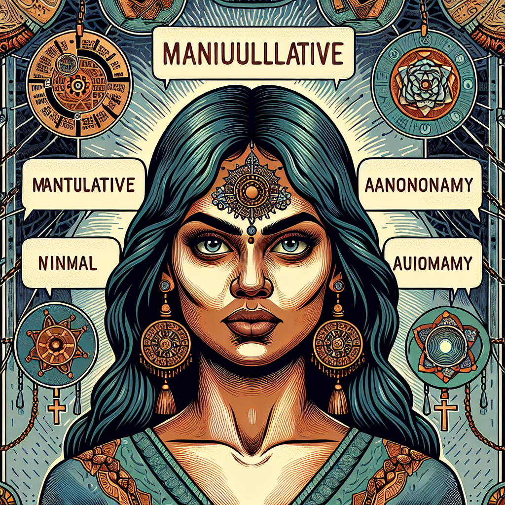 Illustration d'un personnage féminin fort face à des phrases manipulatrices entourées de symboles représentant la force mentale et l'autonomie.