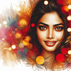 A romantic scene showing a woman with a radiant smile and sparkling eyes, surrounded by warm and inviting colors to evoke a sense of love and affection.