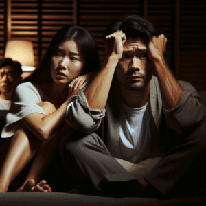 A couple sitting on a couch, both looking concerned and thoughtful. The room is softly lit, reflecting a tense yet intimate environment. One partner has a thoughtful expression, while the other appears anxious, as if caught in a loop of intrusive thoughts.