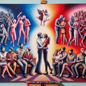 An artistic depiction of diverse couples engaging in non-penetrative sexual activities, emphasizing equality and inclusivity. The scene should evoke a sense of connection and pleasure beyond traditional norms, represented in a colorful and modern art style.