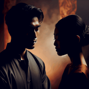 A dark, moody image depicting a silhouetted couple in a mysterious and intimate setting, focusing on their necks, with a shadowy ambience that hints at the balance between desire and danger.