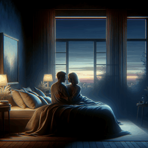 A romantic, cozy bedroom scene at dusk with a couple embracing under soft ambient lighting, symbolizing intimacy and tranquility in a modern setting.