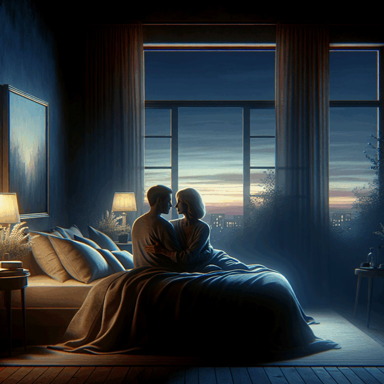 A romantic, cozy bedroom scene at dusk with a couple embracing under soft ambient lighting, symbolizing intimacy and tranquility in a modern setting.