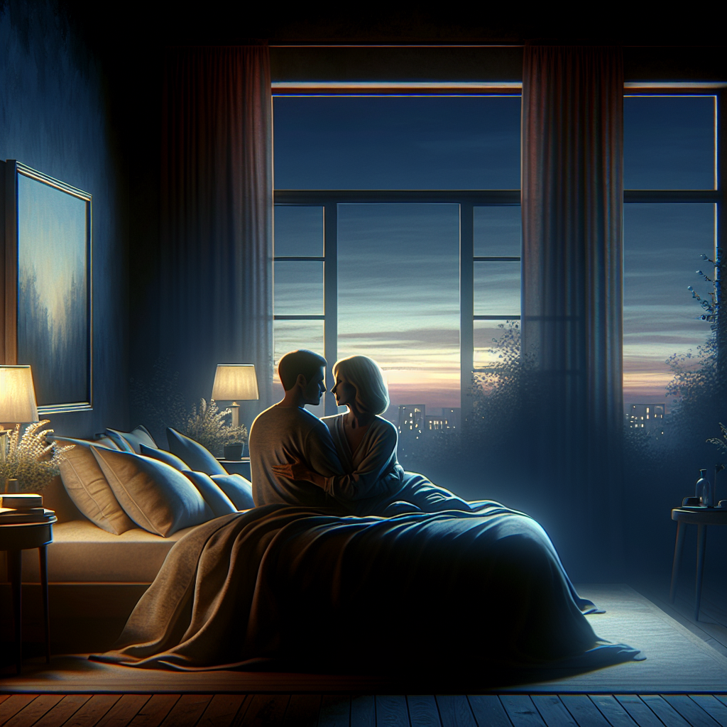 A romantic, cozy bedroom scene at dusk with a couple embracing under soft ambient lighting, symbolizing intimacy and tranquility in a modern setting.