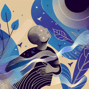 A sensual and modern illustration showing the concept of gooning, highlighting a person in a relaxed state, surrounded by abstract waves representing prolonged pleasure and euphoria, with a subtle, tasteful approach to convey the idea of sexual exploration and satisfaction.