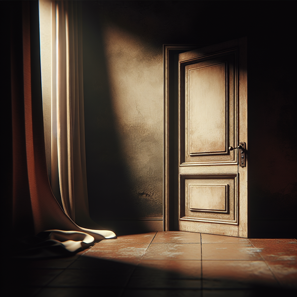 Une porte entrouverte dans un cadre intimiste, avec une ambiance mystérieuse et légèrement sensuelle, lumière tamisée et ombres suggestives.