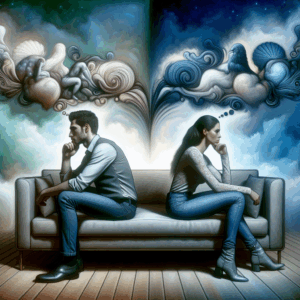 A symbolic representation of a couple sitting on a couch, appearing stressed and distant, with abstract swirling thoughts above their heads. The background is subtle and calming, emphasizing an intimate setting. The couple should look diverse and modern, reflecting a universal theme of relationship challenges.