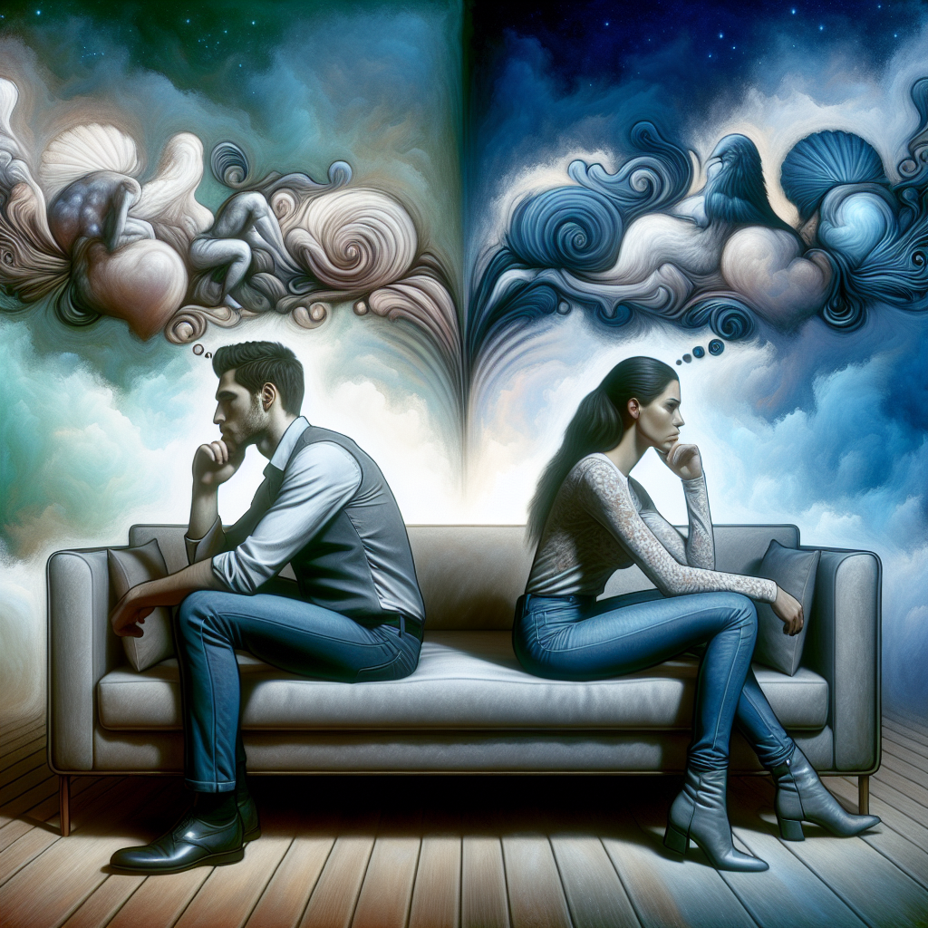 A symbolic representation of a couple sitting on a couch, appearing stressed and distant, with abstract swirling thoughts above their heads. The background is subtle and calming, emphasizing an intimate setting. The couple should look diverse and modern, reflecting a universal theme of relationship challenges.