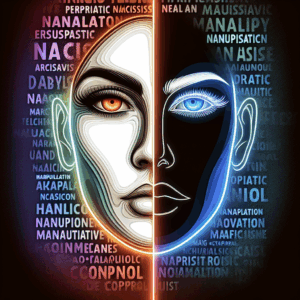 Une illustration abstraite d'un visage divisé en deux: un côté lumineux et l'autre sombre, symbolisant la dualité des pervers narcissiques, avec des mots tels que "manipulation" et "contrôle" flottant dans le fond.