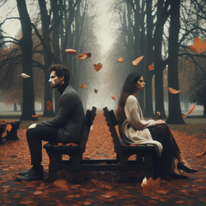 A thoughtful and introspective illustration of a couple sitting apart on a bench in a park with autumn leaves falling, symbolizing the end of a relationship. The atmosphere is serene yet somber, capturing the essence of emotional distance and contemplation.