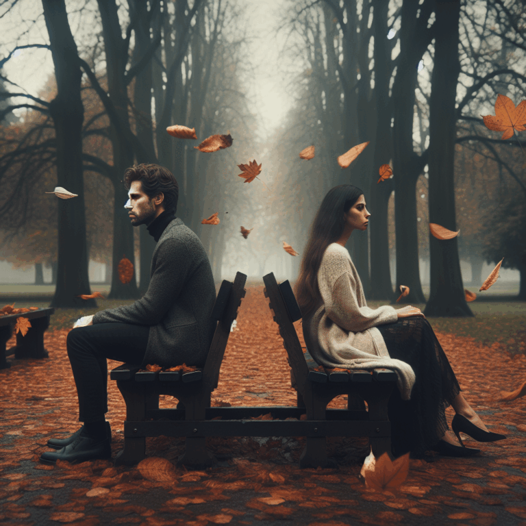 A thoughtful and introspective illustration of a couple sitting apart on a bench in a park with autumn leaves falling, symbolizing the end of a relationship. The atmosphere is serene yet somber, capturing the essence of emotional distance and contemplation.