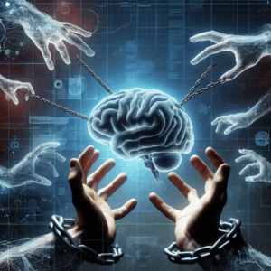 A thought-provoking image depicting the subtle dangers of erotic asphyxiation, showing intertwined hands with a shadow of chains, symbolizing the connection to BDSM, and a transparent overlay of a brain, representing the cognitive risks involved.