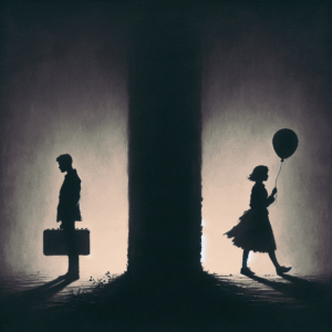 Silhouette d’un couple séparé, avec un homme s’éloignant dans l’ombre, inspiré de l'œuvre de Banksy 'Girl With A Balloon', style artistique sombre et énigmatique.