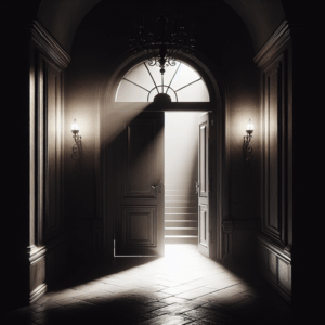 An artistic representation of a slightly open door, symbolizing the 'door ajar' concept in a sophisticated and mysterious manner, with dim lighting suggesting intrigue and the unknown.