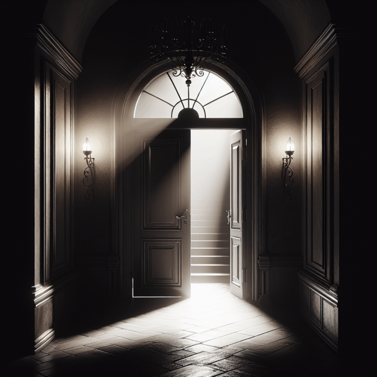 An artistic representation of a slightly open door, symbolizing the 'door ajar' concept in a sophisticated and mysterious manner, with dim lighting suggesting intrigue and the unknown.