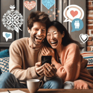 An illustration of a happy couple using a smartphone together, surrounded by icons representing love, communication, and companionship, in a cozy setting.