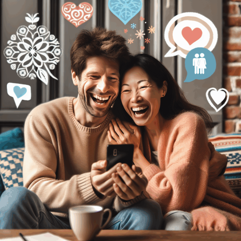 An illustration of a happy couple using a smartphone together, surrounded by icons representing love, communication, and companionship, in a cozy setting.