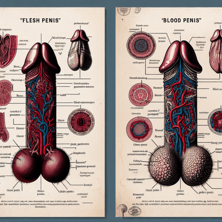 Anatomical illustration distinguishing between 'flesh penis' and 'blood penis', showing differences in size and blood flow in a scientific, educational style.