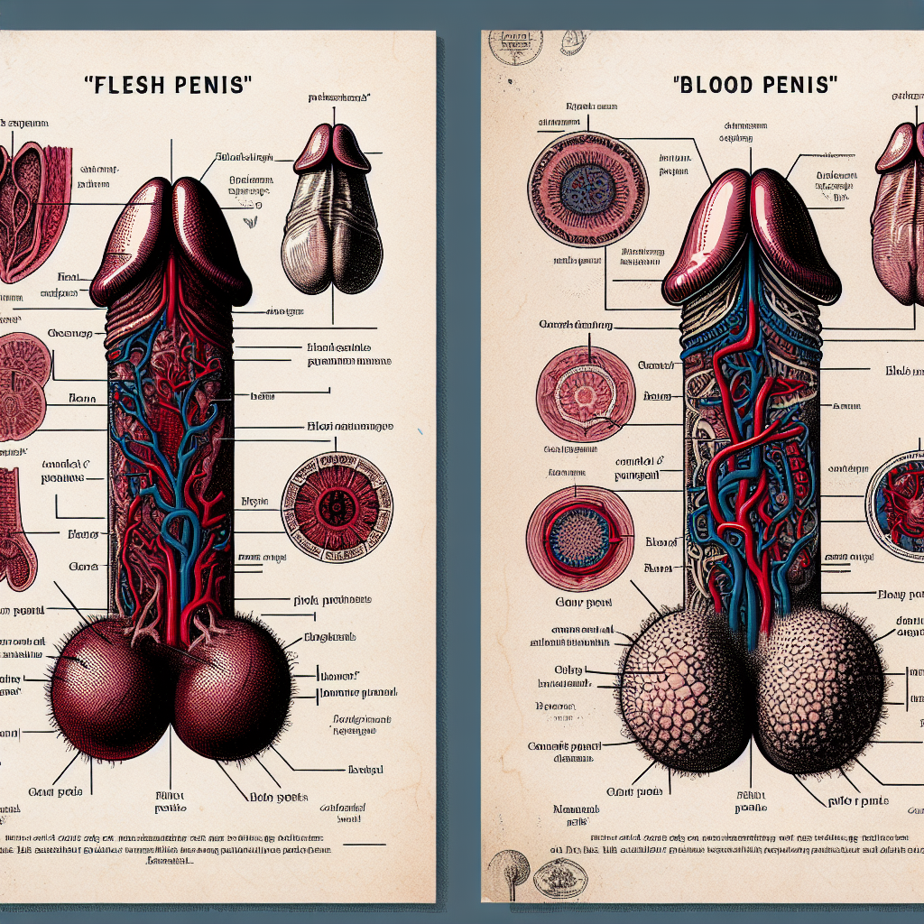 Anatomical illustration distinguishing between 'flesh penis' and 'blood penis', showing differences in size and blood flow in a scientific, educational style.