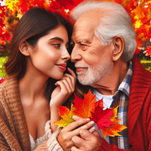 A diverse couple with a significant age difference, looking lovingly at each other, set against a background of a park during autumn, symbolizing warmth and acceptance.