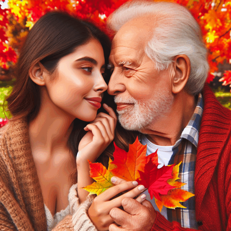 A diverse couple with a significant age difference, looking lovingly at each other, set against a background of a park during autumn, symbolizing warmth and acceptance.