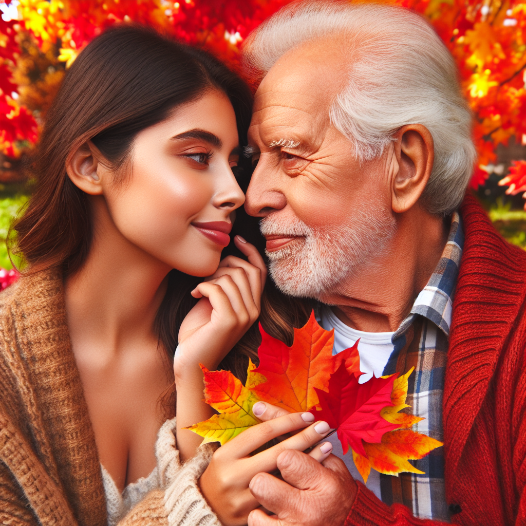A diverse couple with a significant age difference, looking lovingly at each other, set against a background of a park during autumn, symbolizing warmth and acceptance.