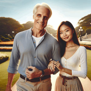A heartfelt image of a couple with a significant age gap walking in a park, holding hands and smiling, with a sunny backdrop, representing love without boundaries.