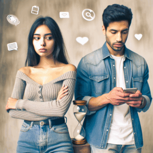 A young couple sitting at a cafe, the woman looking disappointed as the man stares at his phone; the background shows an hourglass symbolizing diminishing time and effort, with subtle social media icons hovering around.