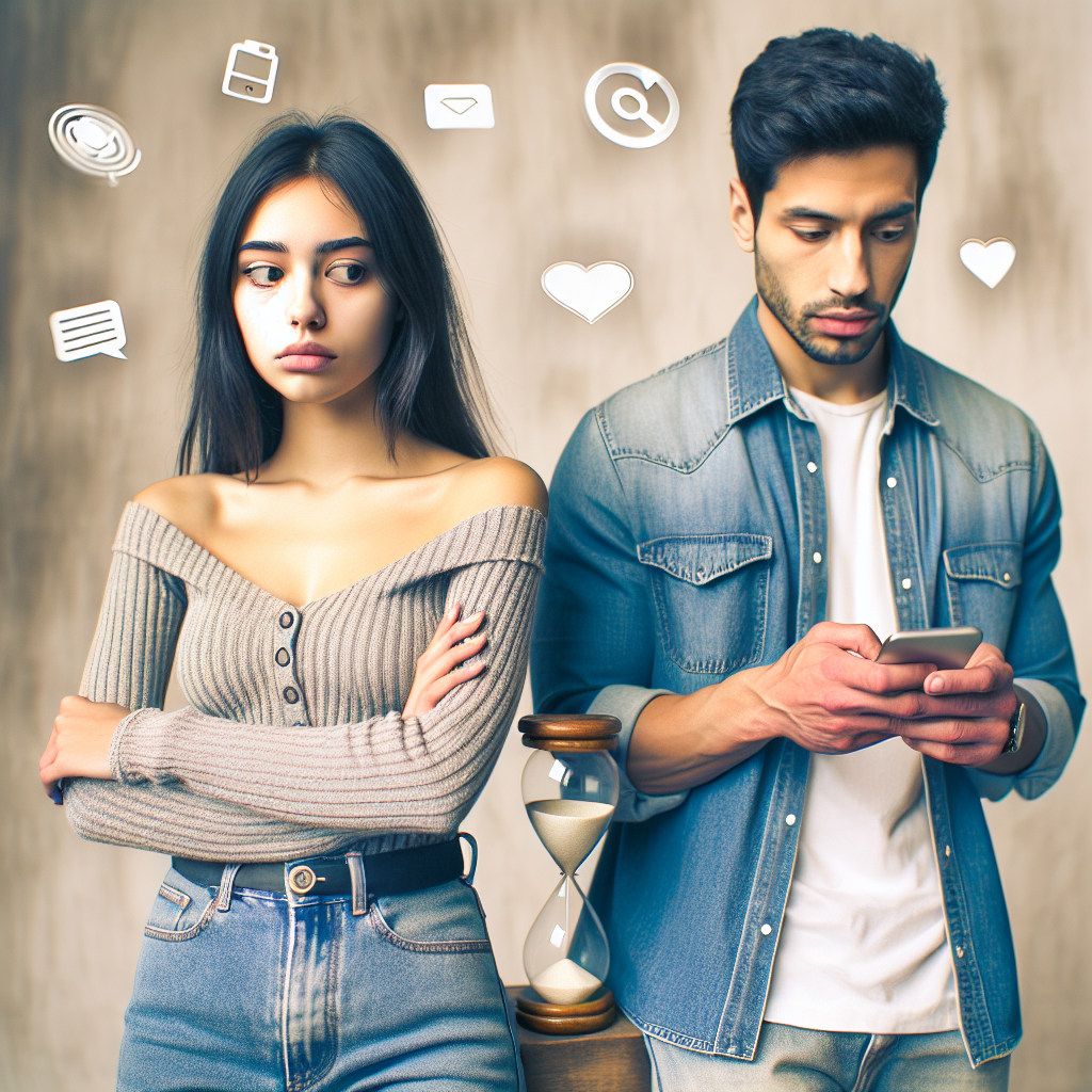 A young couple sitting at a cafe, the woman looking disappointed as the man stares at his phone; the background shows an hourglass symbolizing diminishing time and effort, with subtle social media icons hovering around.