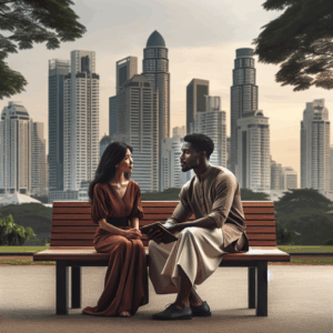 A modern couple sitting on a park bench, engaged in conversation, with city skyline in the background. The scene should reflect a contemporary relationship dynamic, showing contrasts between traditional and modern love stories, highlighting elements of instant connection and exploration.